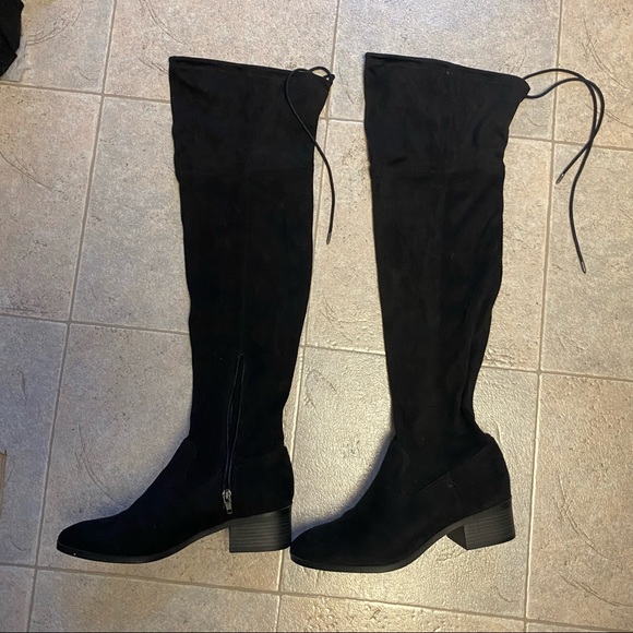 Black suede thigh high / over the knee boot in black - Picture 1 of 5
